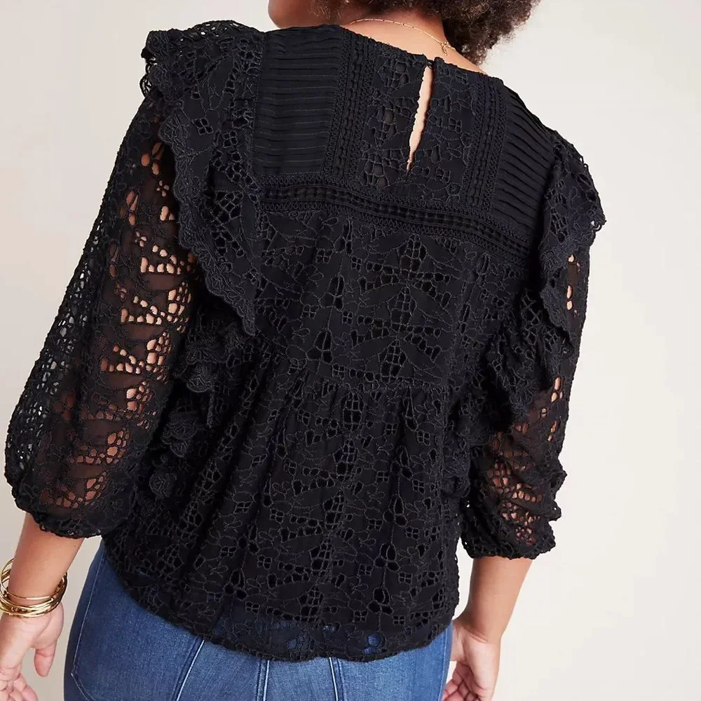 Anthropologie Clementine Eyelet Lace Blouse Black Ruffle Puff Sleeve Size 6